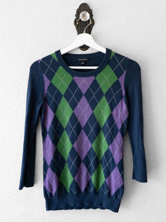 Banana Republic Sweaters - Banana Republic Argyle Sweater XS Navy Blue Angora Rabbit Blend 3/4Sleeve Preppy